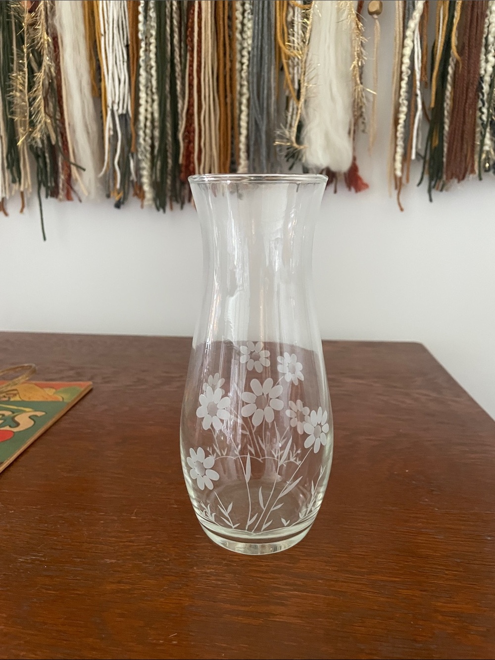 Clear glass vase with etched floral design